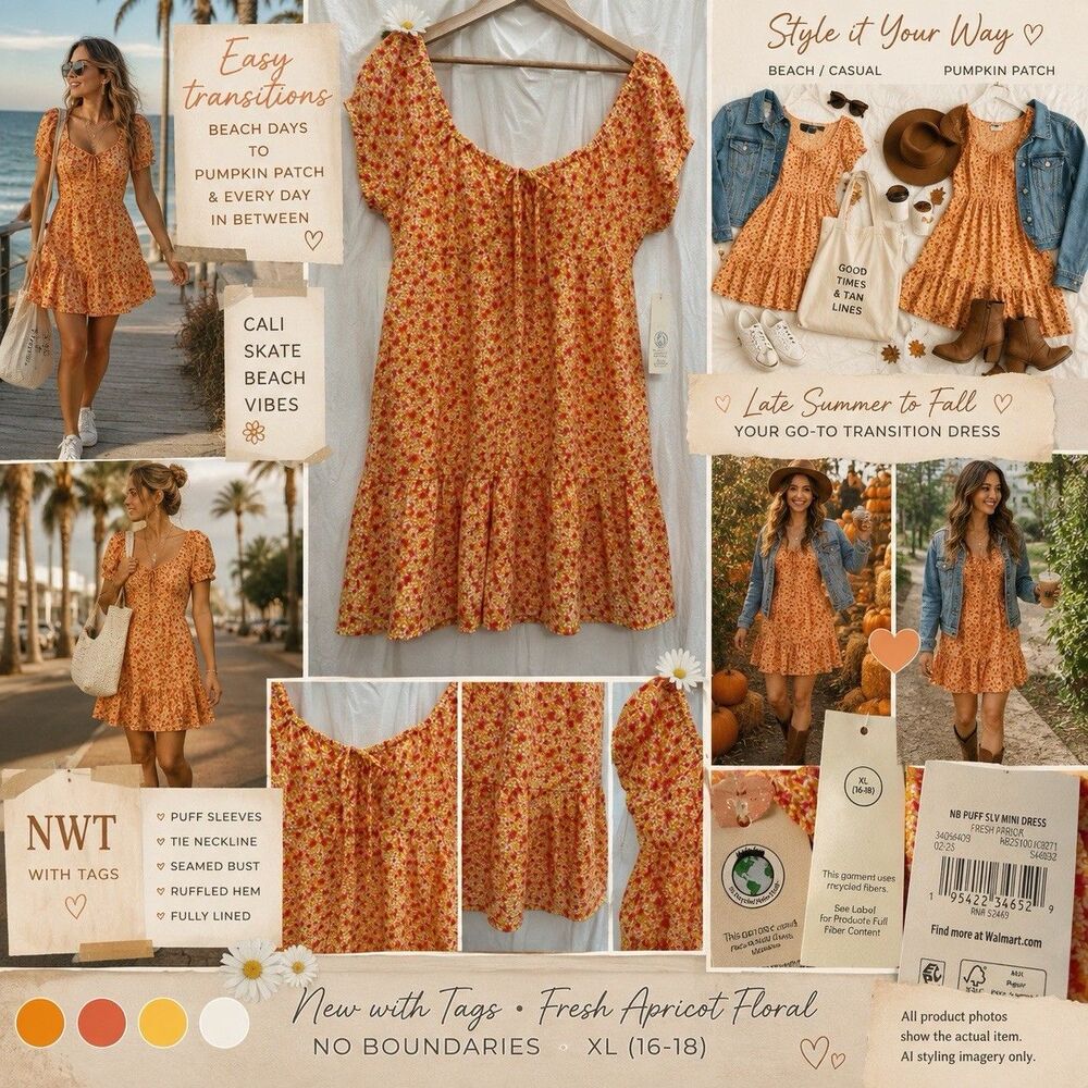 NWT No Boundaries XL Floral Mini Dress Puff Sleeve Y2K Boho Apricot Fall Beach